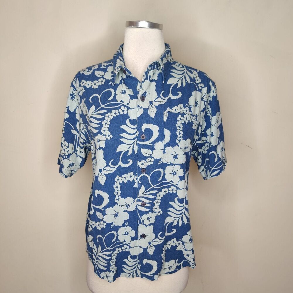 KRU Silk Button Up Shirt Blue Floral Tropical Short‎ Sleeve